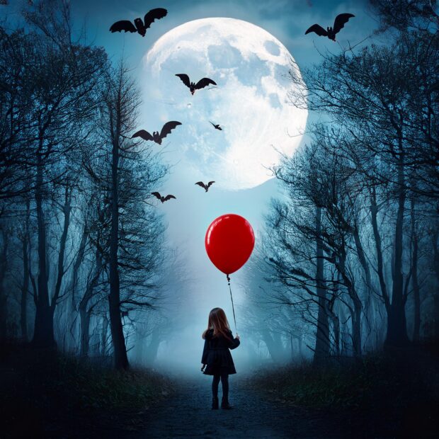 Firefly A young child holding a red balloon.  She is walking in a dark,  creepy,  scary dark forests